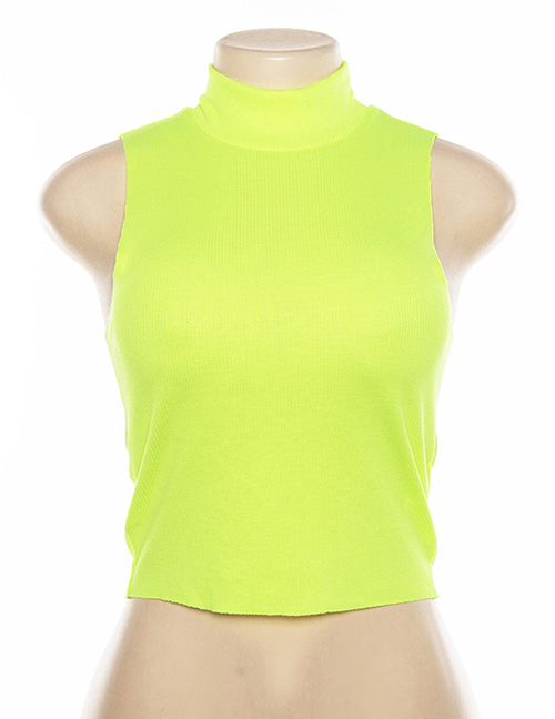 Fashion Fluorescent Green High Neck Sleeveless Short Vest