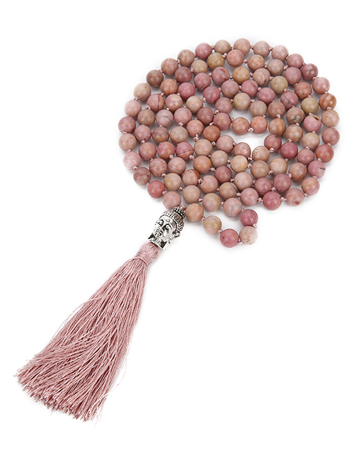 Fashion Leather Powder 8mm 108 Beaded Natural Red Stone Round Beads Buddha Head Tassel Necklace