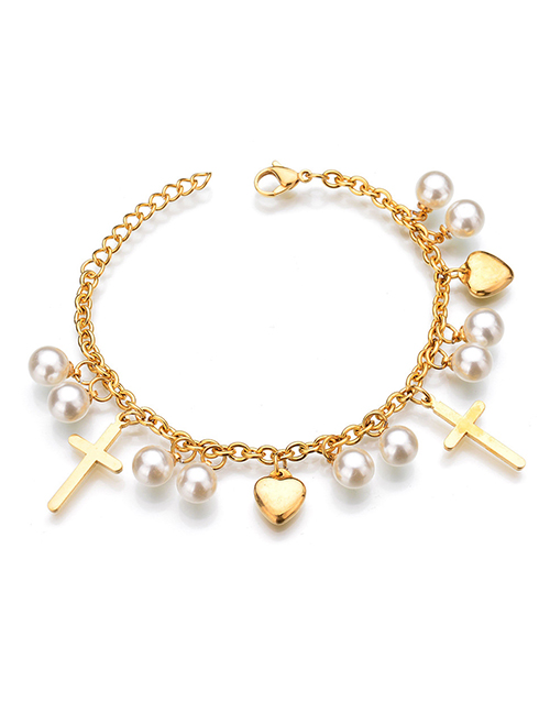 Fashion Pearl Cross Gold Titanium Steel Double Bracelet