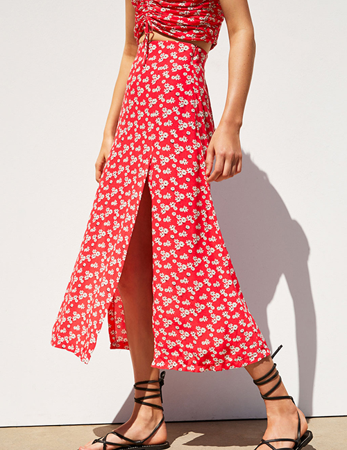 Fashion Red Printed Skirt  Satin