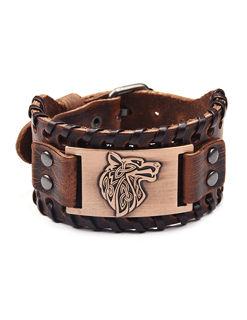 Fashion Ancient Red Copper Wolf Head Wide Leather Bracelet Alloy