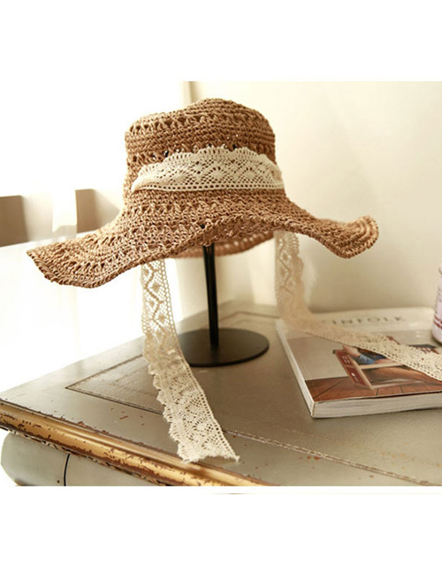 Fashion Khaki Lace Strap With Windproof Foldable Sun Hat