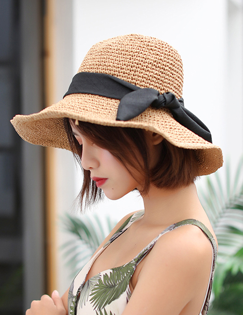 Fashion Khaki Straw Bow Ribbon Sun Hat