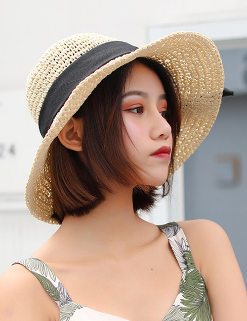 Fashion Beige Straw Bow Ribbon Sun Hat