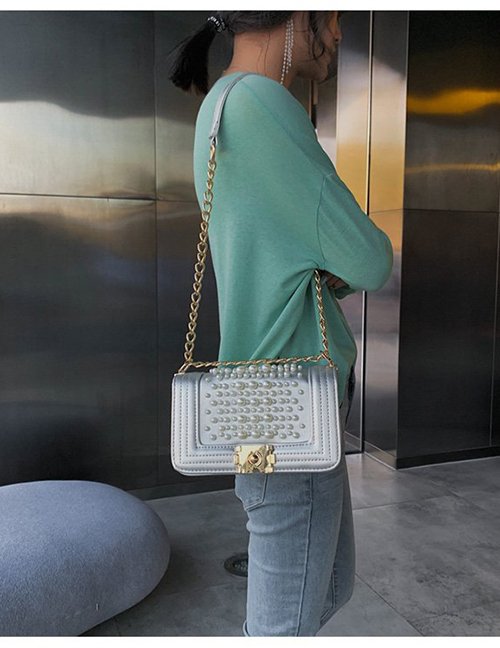 Fashion Silver Pu Pearl Square Chain Bag