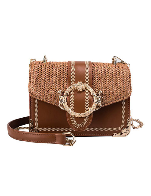 Fashion Brown Pu Alloy Hollow Square Shoulder Diagonal Package