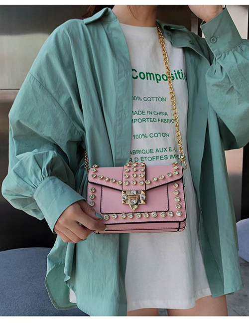 Fashion Pink Pu Diamond Square Shoulder Chain Diagonal Package