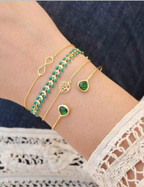 Fashion Gold Emerald Leaves Knotted 8 Word Bracelet 4 Piece Set