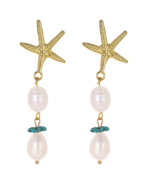 Fashion Lake Blue Alloy Pearl Starfish Earrings