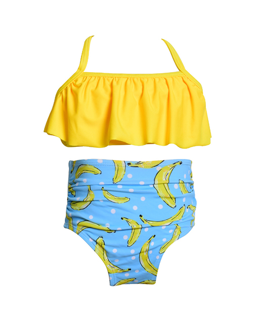 Fashion Children On Yellow Banana Printed High-waist Ruffled Parent-child Swimsuit