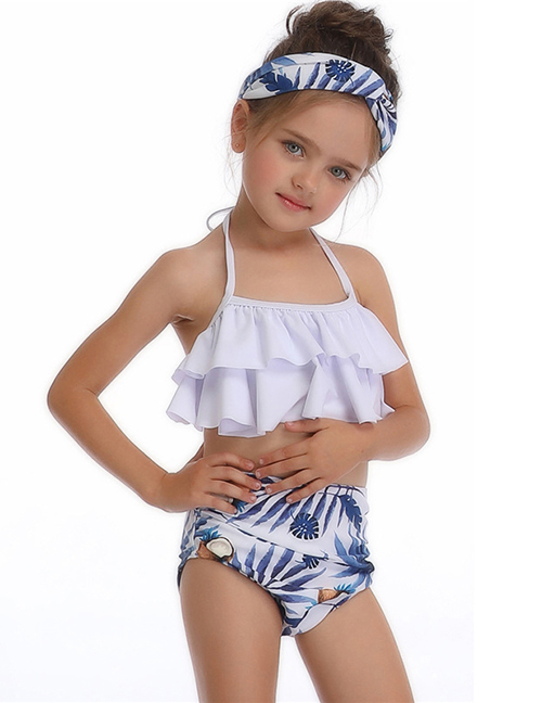 Fashion Children On White Under Blue Printed High-waist Ruffled Parent-child Swimsuit