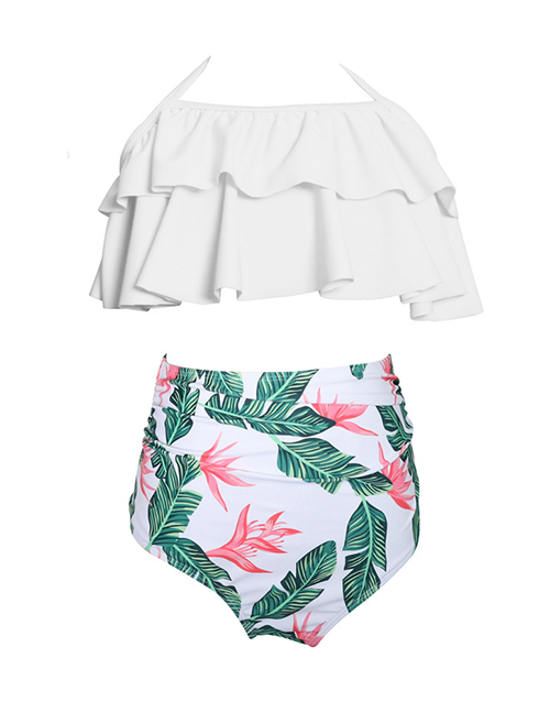 Fashion Child On White Leaves Printed High Waist Parent-child Swimsuit