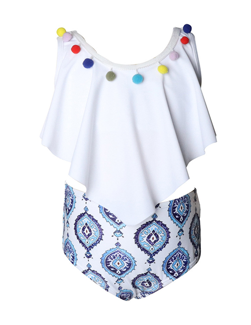 Fashion Children's Thread On White Printed High-waist Ruffled Parent-child Split Swimsuit
