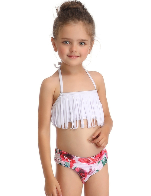 Fashion Children's White Tassel Fringed Split Parent-child Swimsuit