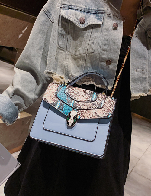 Fashion Blue Snake Contrast Snake-printed Crossbody Bag