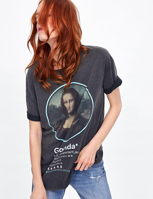 Fashion Black Mona Lisa Print T-shirt