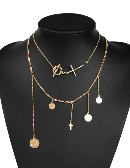 Fashion Gold Alloy Double Layer Chain Portrait Cross Necklace
