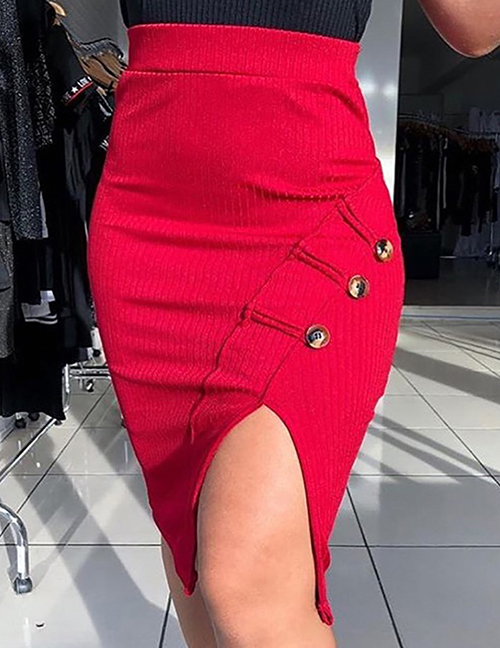 Fashion Red Single-breasted High-waist Skirt