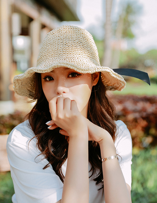 Fashion Curled Bow Beige Woven Straw Hat