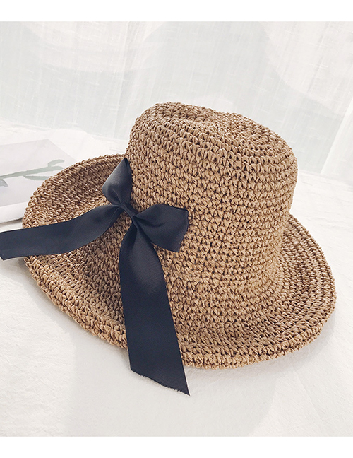 Fashion Crimped Bow Khaki Woven Straw Hat
