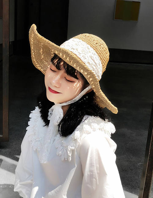 Fashion Beige Lace Straps Hollowed Out Straw Hat