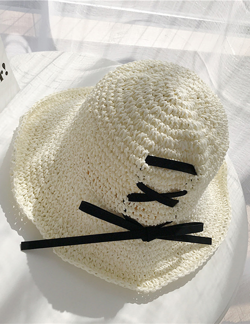 Fashion Milky White Big Woven Woven Bow Sun Hat