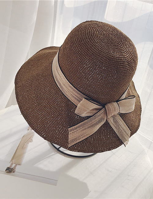 Fashion Brown Bow Big Straw Hat