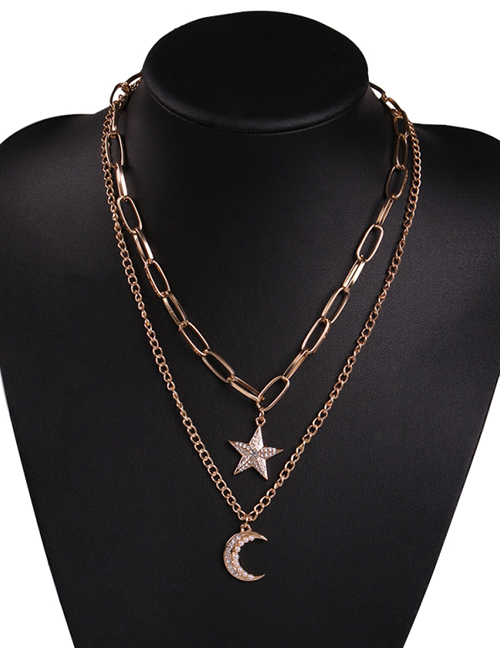 Fashion Gold Alloy Double-layer Chain Crescent Five-pointed Star Necklace