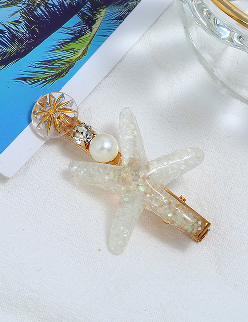 Fashion White Alloy Diamond-studded Pearl Starfish Hairpin