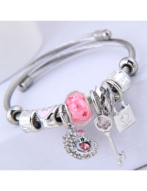 Fashion Pink Metal Flash Diamond Star Key Lock Bracelet