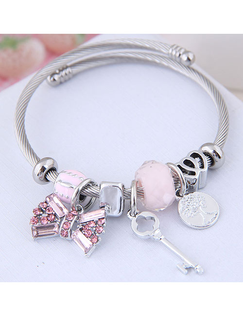 Fashion Pink Metal Flash Diamond Bow Key Bracelet