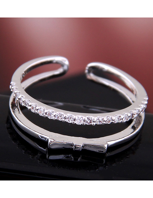 Fashion Silver Copper-inlaid Zircon Bow Double-layer Open Ring