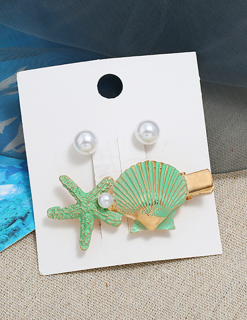 Green Metal Pearl Stud Earrings Starfish Hairpin Set