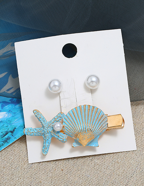 Blue Metal Pearl Stud Earrings Starfish Hairpin Set