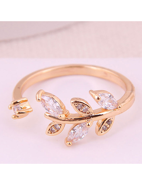 Fashion Gold Inlaid Zircon Leaf Open Ring