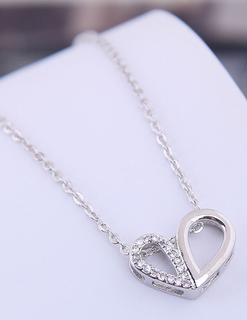 Fashion Silver Copper Micro Inlaid Double Heart Necklace