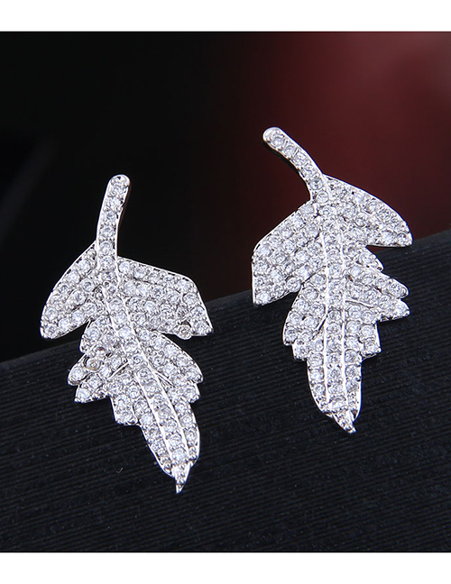 Fashion Silver  Silver Needle Copper Micro Inlaid Zircon Leaf Earrings