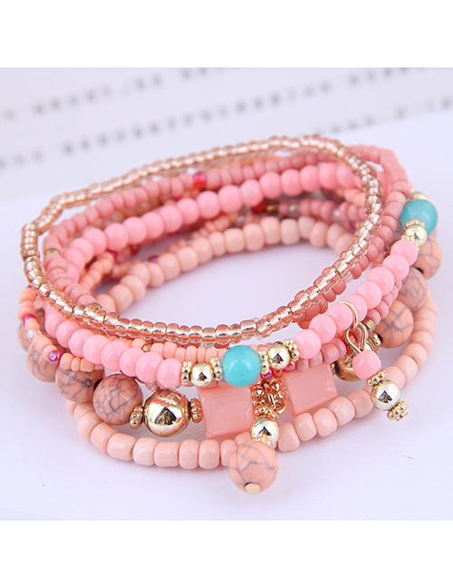 Fashion Pink Fine Rice Beads Multi-layer Bracelet