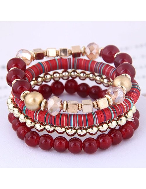 Fashion Crimson Mix And Match Multi-accessory Multi-layer Bracelet