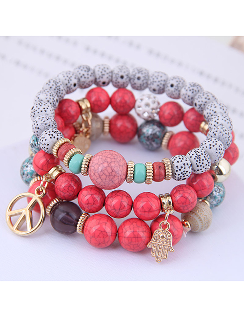 Fashion Red Wooden Beads Multi-element Pendant Multi-layer Bracelet