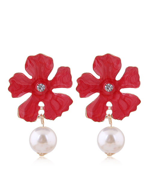 Fashion Red Metal Flower Pearl Earrings