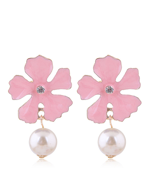 Fashion Pink Metal Flower Pearl Earrings