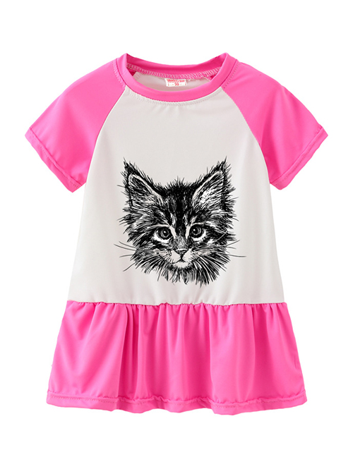 Fashion Rose Red Cartoon Cat Print Children's Dress