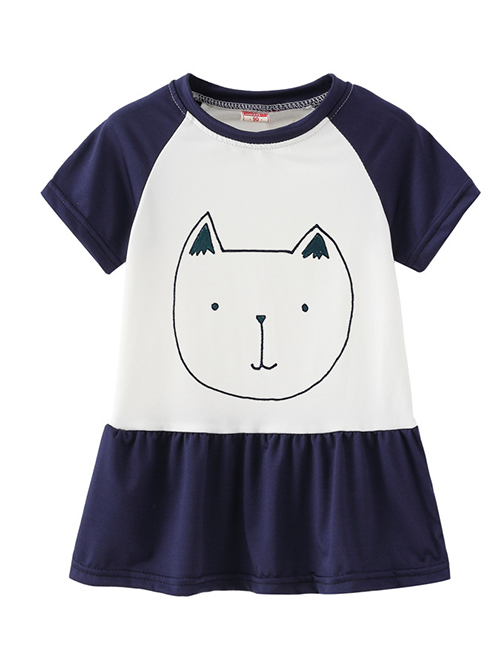 Fashion Blue Cartoon Cat Print Children's Dress