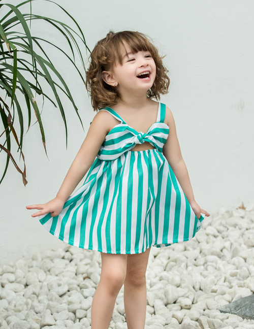 Fashion Green Thick Stripes Bow Striped Children's Dress