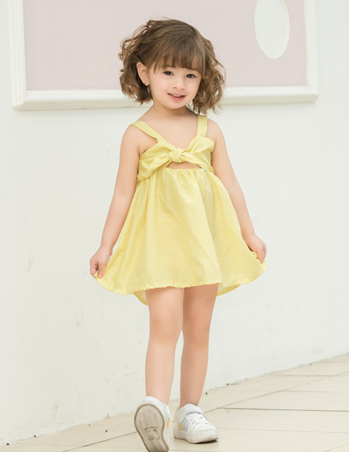 Fashion Yellow Pinstripes Bow Striped Children's Dress