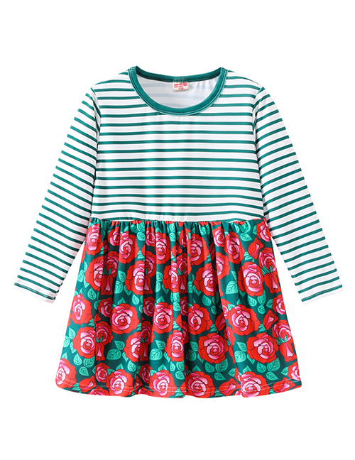 Fashion Green Striped Print Stitching Children's Dress