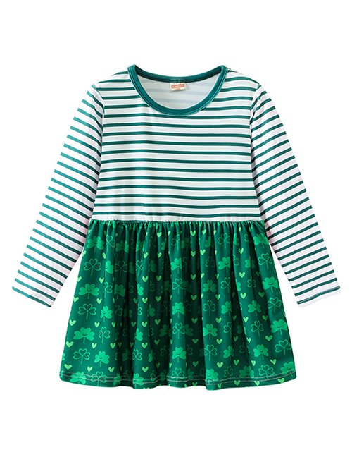 Fashion Green Striped Print Stitching Children's Dress