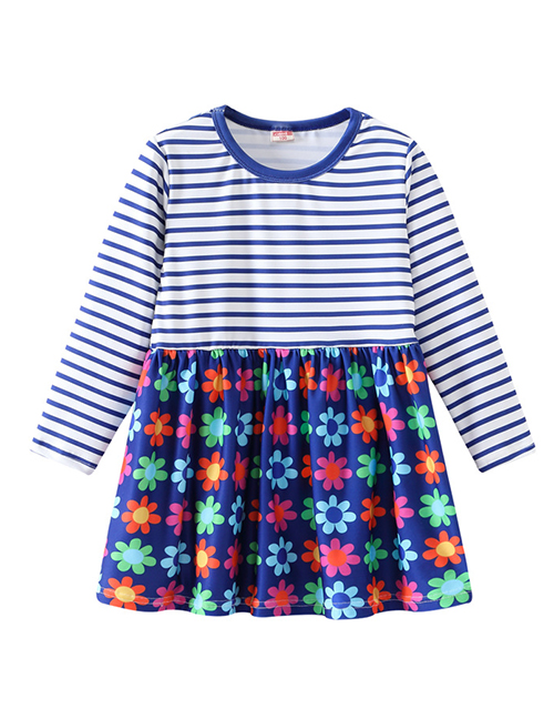 Fashion Blue Striped Print Stitching Children's Dress