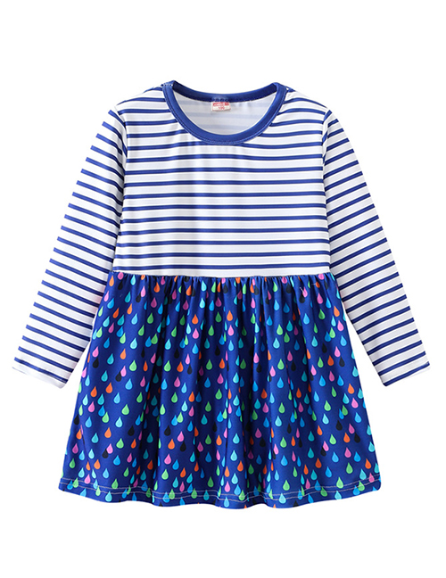 Fashion Blue Striped Print Stitching Children's Dress